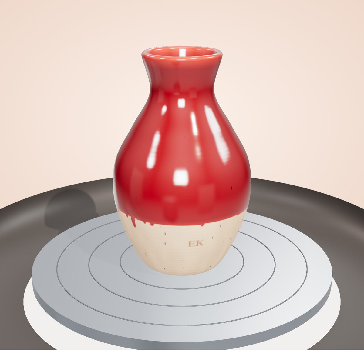 An oxblood vase with the initials EK pressed near its foot, turning on the 3D potter's wheel